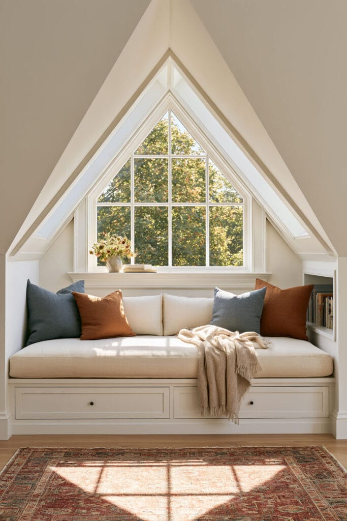 Cozy attic reading nook with a built-in window seat beneath a triangular window, cream cushions, rust and blue pillows, storage drawers, and vintage rug.
