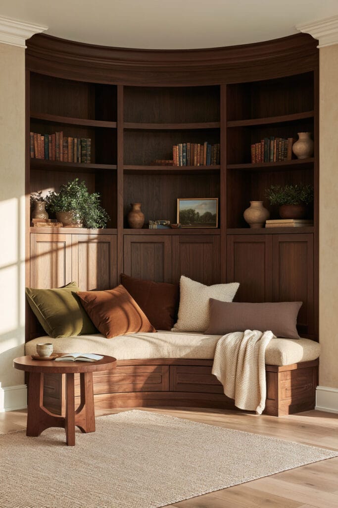 Cozy reading nook in a recessed alcove with curved dark walnut bookshelves, built-in bench, cream cushions, olive green and rust pillows, and wooden side table.