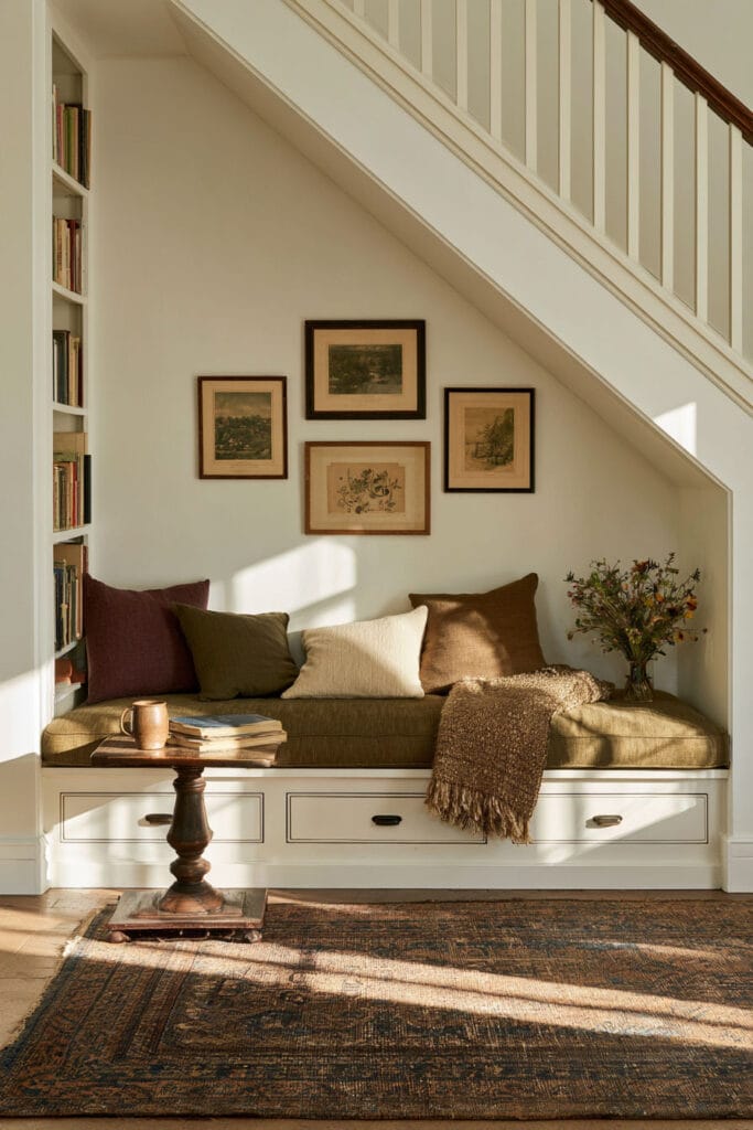 Cozy under-stairs reading nook with an olive green cushioned bench, plum and brown pillows, vintage gallery wall, built-in bookshelves, storage drawers, and patterned rug.