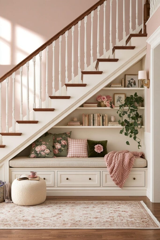 Cozy under-stairs reading nook with a built-in cream bench, sage green floral pillows, pink gingham cushion, blush knit throw, white bookshelves, and boucle ottoman.