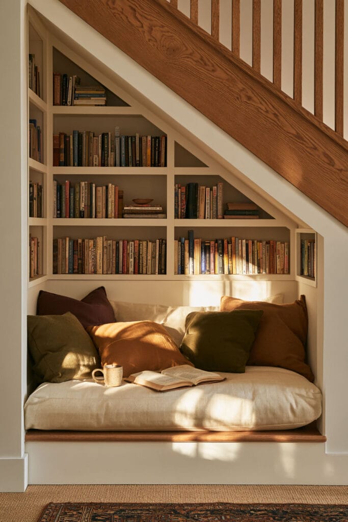 Cozy under-stairs reading nook with white built-in bookshelves, cream cushioned bench, olive green and rust pillows, open book, ceramic mug, and warm sunlight.