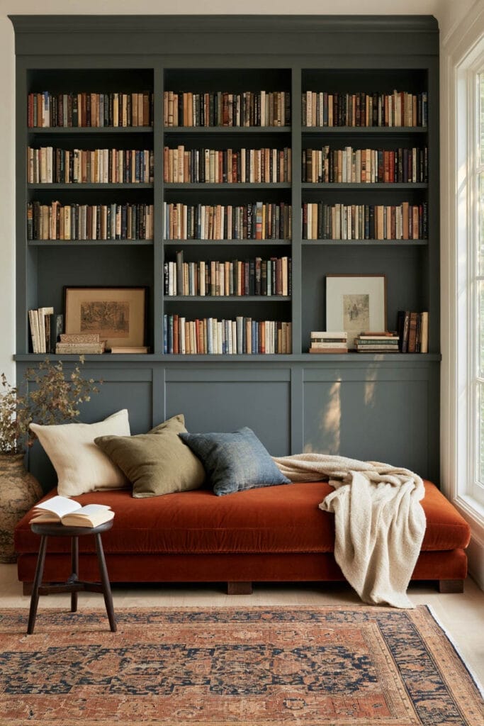Cozy reading nook with a rust velvet daybed, dark charcoal built-in bookshelves, cream and olive pillows, chunky knit throw, vintage rug, and sunny window.