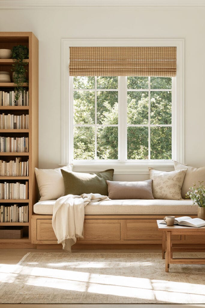 Cozy reading nook with a built-in oak window seat, cream cushions, sage green pillows, bamboo window shade, wooden bookshelf, and small coffee table in natural sunlight.