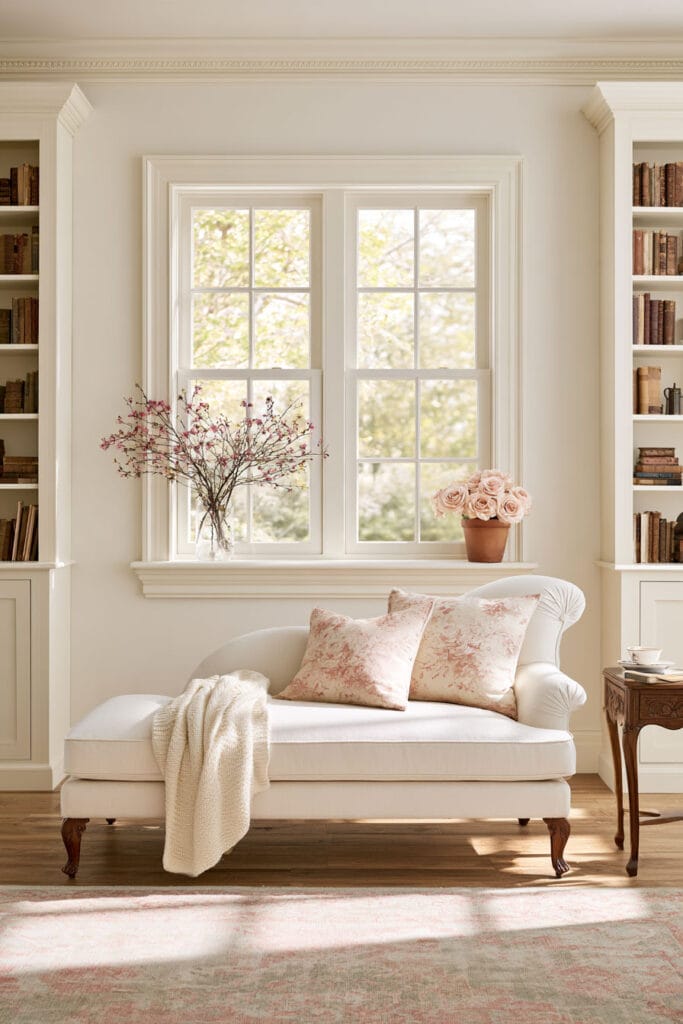 Romantic reading nook with an ivory upholstered chaise lounge, blush pink floral pillows, cream knit throw, white built-in bookshelves, pink roses, and sunny window.