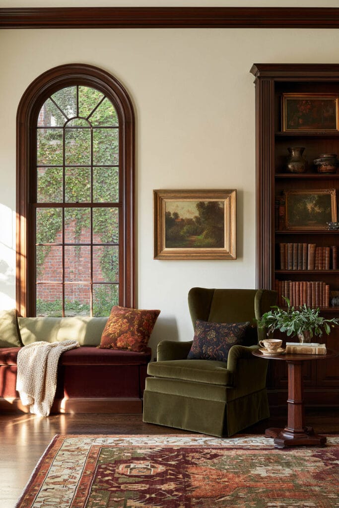 Cozy old-world reading nook with an olive green velvet wingback chair, burgundy window seat, dark wood arched window, antique bookshelf, and Persian-style rug.