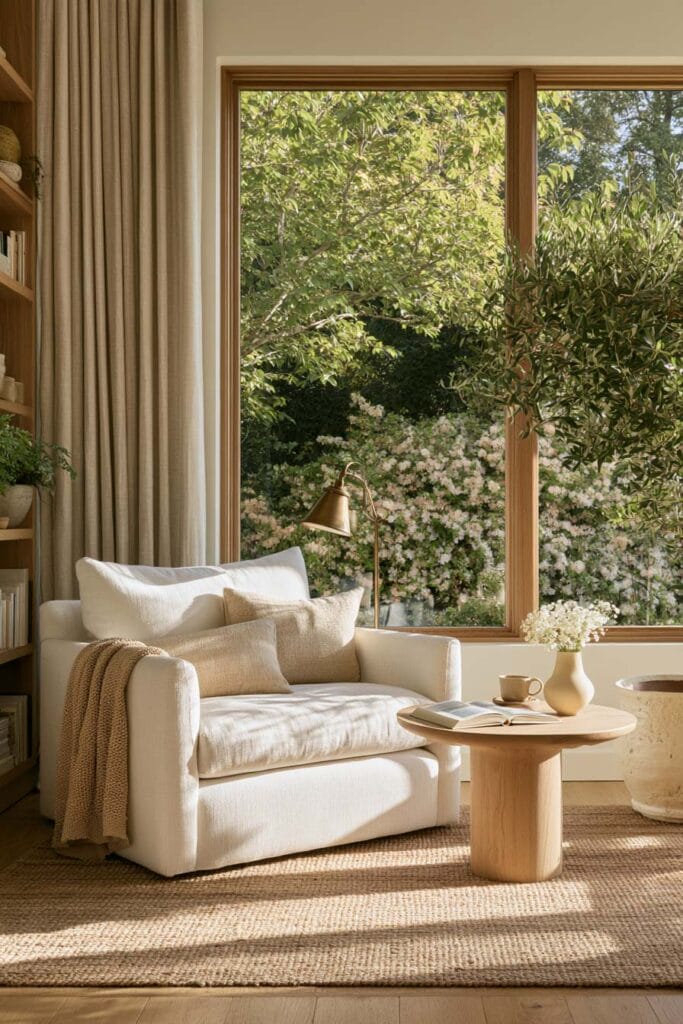 Light and airy reading nook with an oversized cream chair, neutral pillows, knit throw, round wooden coffee table, woven rug, and large window overlooking a green garden.