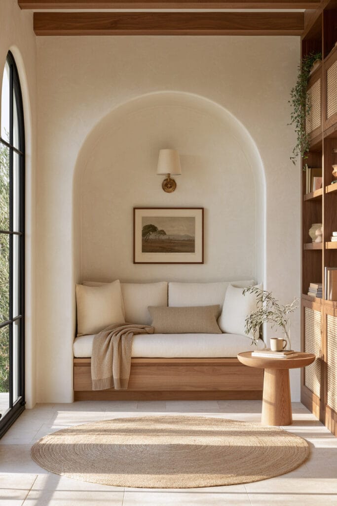 Light and airy reading nook with an arched alcove, built-in wooden bench, ivory cushions, neutral throw, oval jute rug, wooden bookshelves, and natural sunlight.