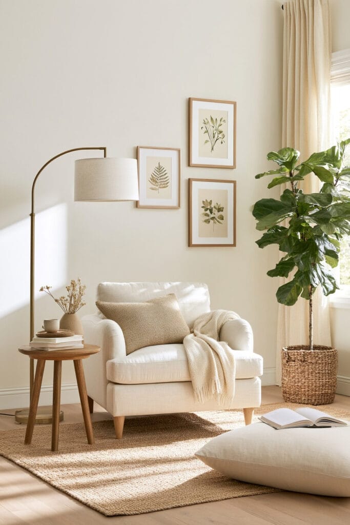 Light and airy reading nook with an ivory armchair, cream knit throw, brass floor lamp, botanical wall art, fiddle-leaf fig tree, jute rug, and oversized floor cushion.