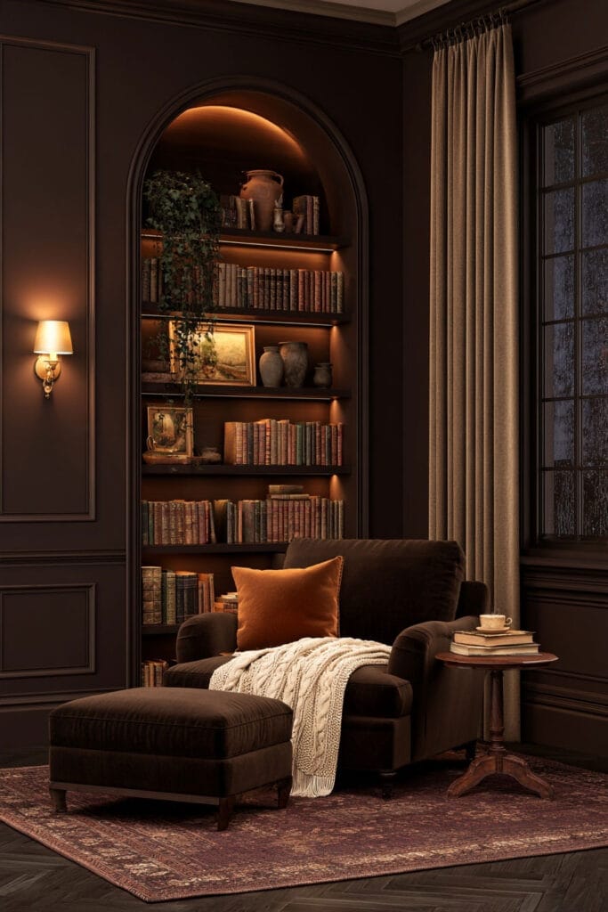 Moody cozy reading nook with chocolate brown walls, dark velvet armchair, matching ottoman, illuminated arched bookshelves, rust pillow, cream knit throw, and vintage rug.