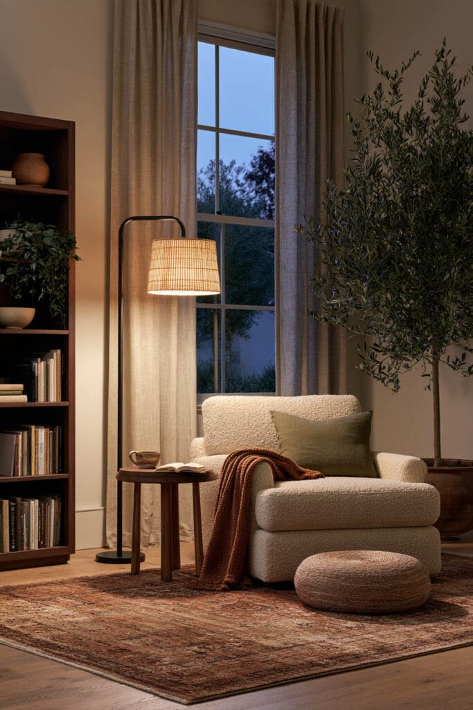 Cozy evening reading nook with an oversized cream boucle armchair, glowing floor lamp, sage green pillow, rust knit throw, wooden bookshelf, and vintage rug.