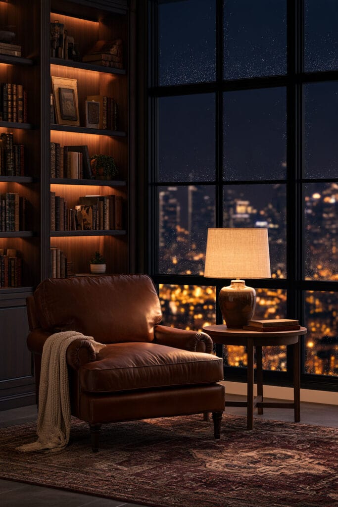 Moody nighttime reading nook with a cognac leather armchair, illuminated dark wood bookshelves, warm table lamp, cream knit throw, vintage rug, and city lights outside.