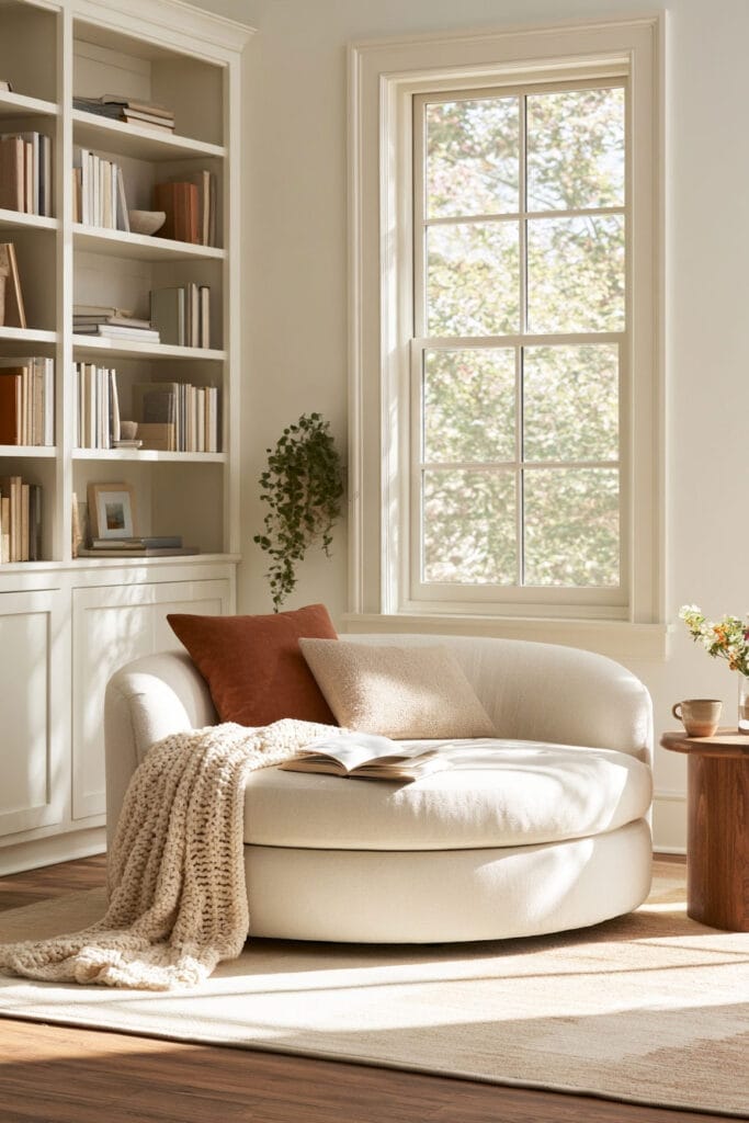 Cozy reading nook with an oversized curved cream chair, rust accent pillow, chunky knit blanket, white built-in bookshelves, wooden side table, and sunny window.