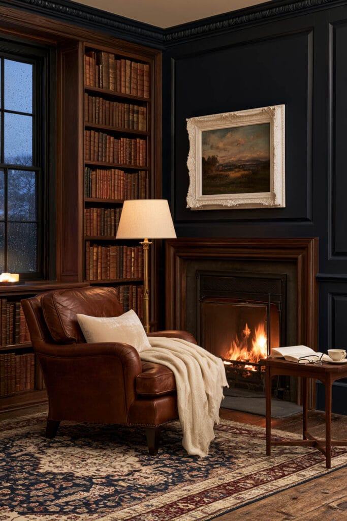 Cozy fireplace reading nook with a cognac leather armchair, dark charcoal walls, floor-to-ceiling wooden bookshelves, cream knit throw, brass floor lamp, and Persian-style rug.