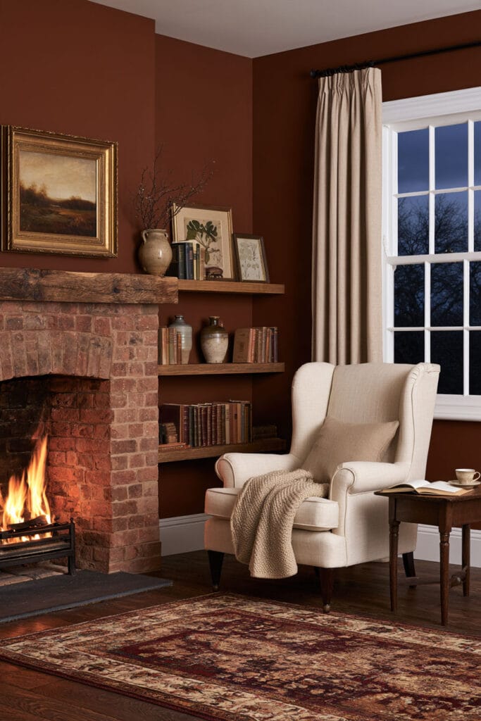 Cozy fireplace reading nook with a cream wingback chair, rustic brick fireplace, terracotta walls, wooden bookshelves, knit throw, vintage Persian rug, and evening window.