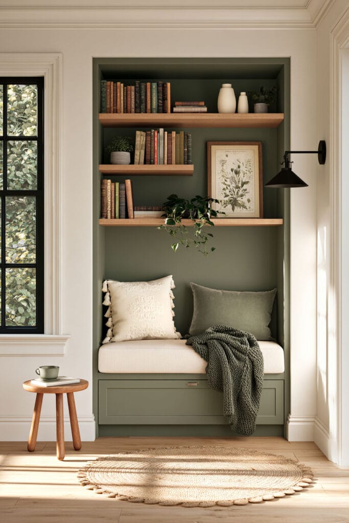 Small cozy reading nook with sage green built-in shelves, cream cushioned bench, olive green knit throw, hidden storage drawer, black wall sconce, and round jute rug.
