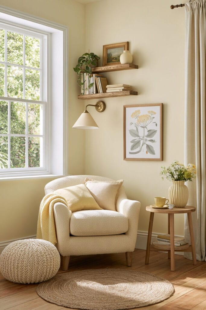 Small cozy reading nook with a cream boucle armchair, pale yellow pillows, floating wooden bookshelves, botanical wall art, knit pouf, round jute rug, and sunny window.