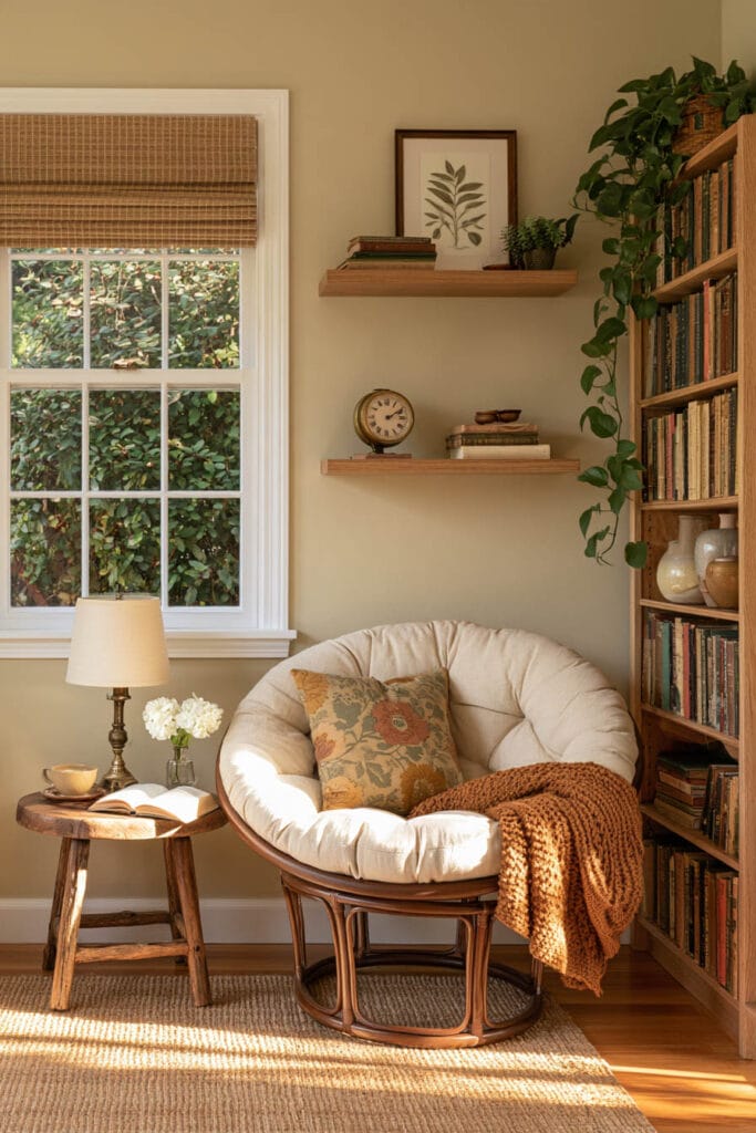 Small cozy reading nook with a cream cushioned papasan chair, floral pillow, rust knit throw, tall wooden bookshelf, floating shelves, bamboo window shade, and jute rug.
