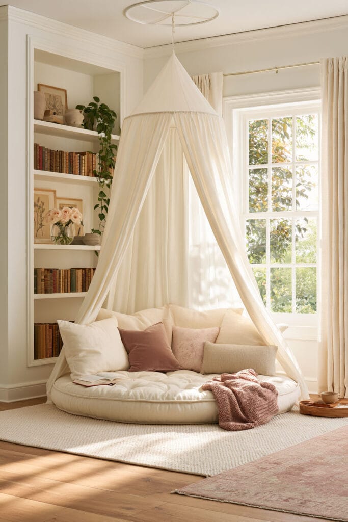Romantic canopy reading nook with flowing ivory curtains, oversized cream floor cushion, blush pink pillows, cozy knit throw, white built-in bookshelves, and sunny window.