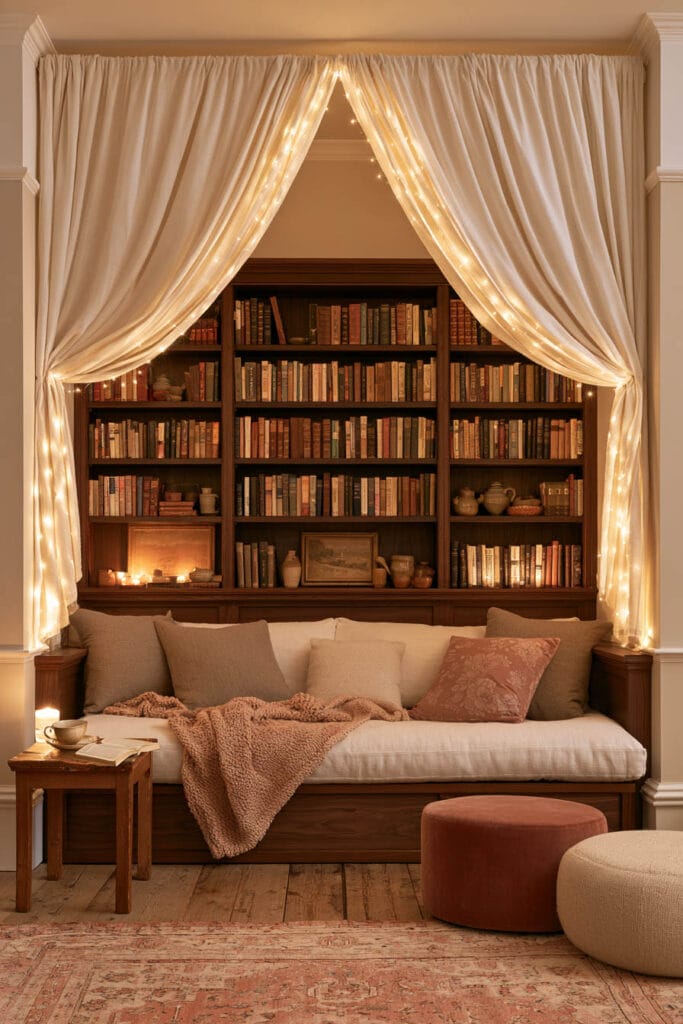Cozy reading nook with ivory canopy curtains, warm fairy lights, built-in wooden daybed, dark wood bookshelves, dusty rose pillows, knit throw, and vintage rug.