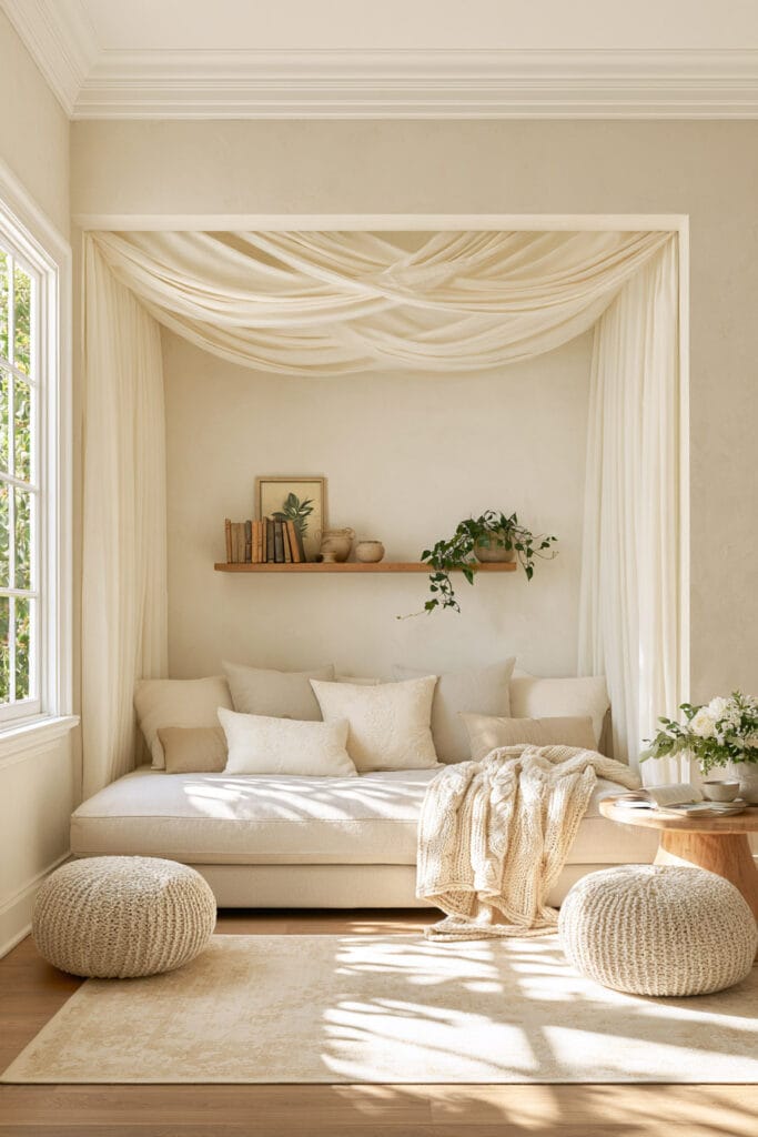 Cozy canopy reading nook with draped ivory curtains, cream daybed, neutral pillows, chunky knit throw, round knitted poufs, floating wooden shelf, and natural sunlight.