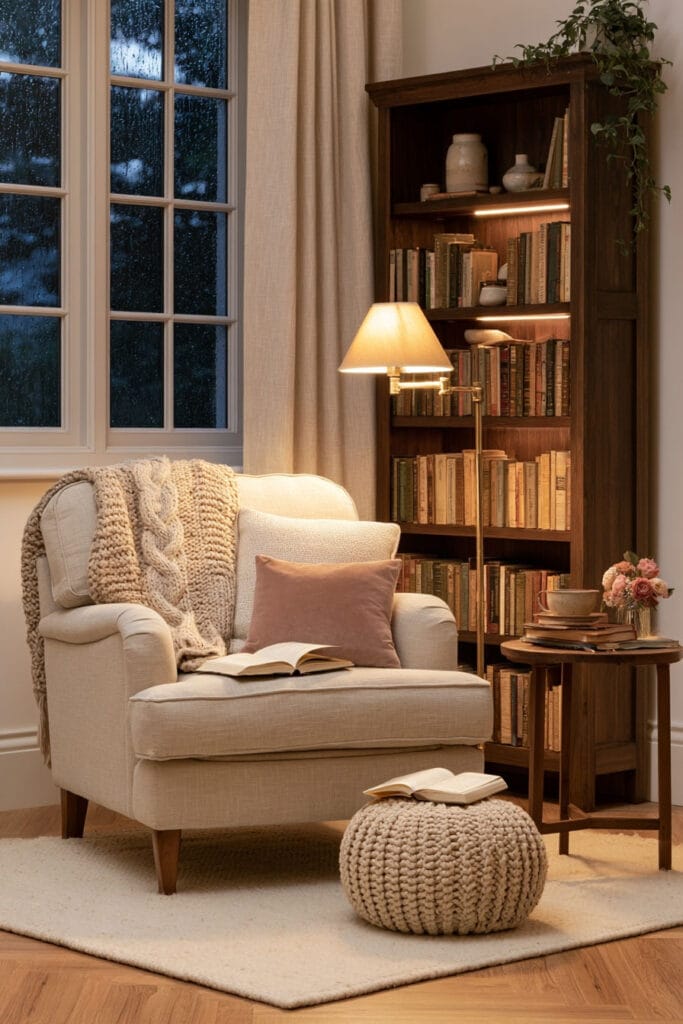 Cozy nighttime reading nook with a cream armchair, warm brass floor lamp, illuminated wooden bookshelf, dusty rose pillow, chunky knit throw, and rain-speckled window.