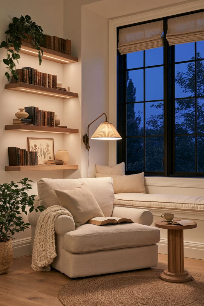 Cozy evening reading nook with a cream armchair, built-in window seat, illuminated floating wooden bookshelves, brass reading lamp, and blue dusk sky outside.