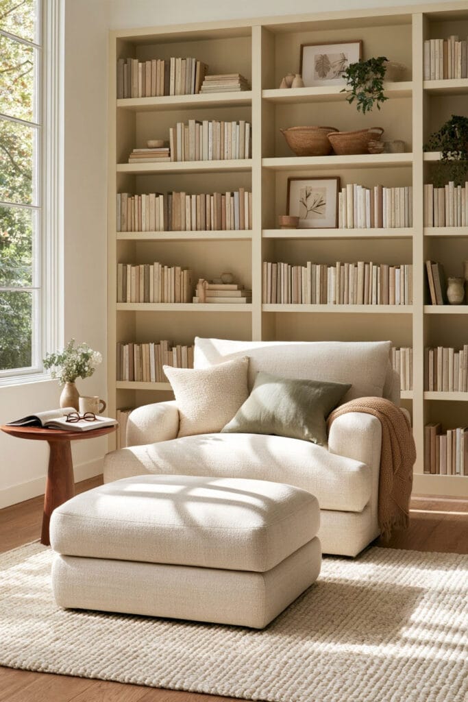 Cozy reading nook with an oversized cream armchair, matching ottoman, floor-to-ceiling built-in bookshelves, sage green pillows, wooden side table, and natural sunlight.