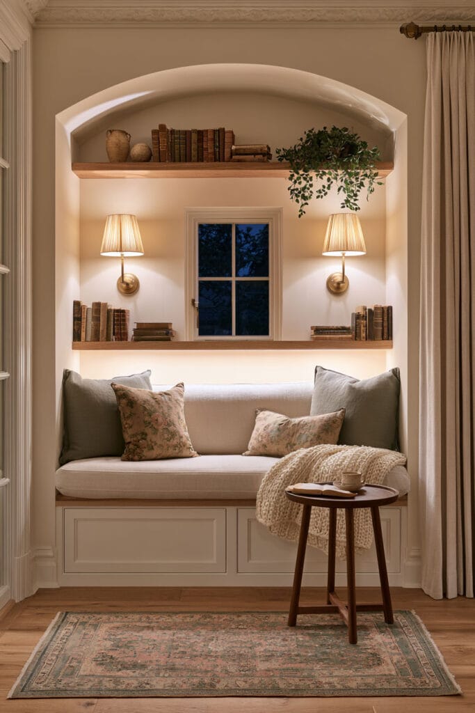 Cozy nighttime reading nook with an arched built-in bench, cream cushions, sage green and floral pillows, glowing brass wall sconces, wooden bookshelves, and vintage rug.