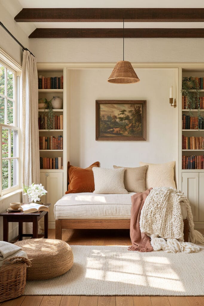 Cozy reading nook with a cream upholstered daybed, chunky knit blanket, rust velvet pillows, built-in bookshelves, wooden ceiling beams, woven pendant light, and textured rug.