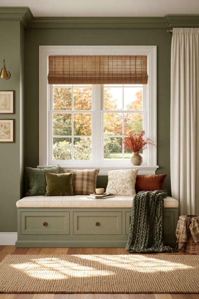 Cozy window reading nook with sage green built-in bench, cream cushion, olive velvet and plaid pillows, chunky green knit throw, bamboo shade, and natural jute rug.