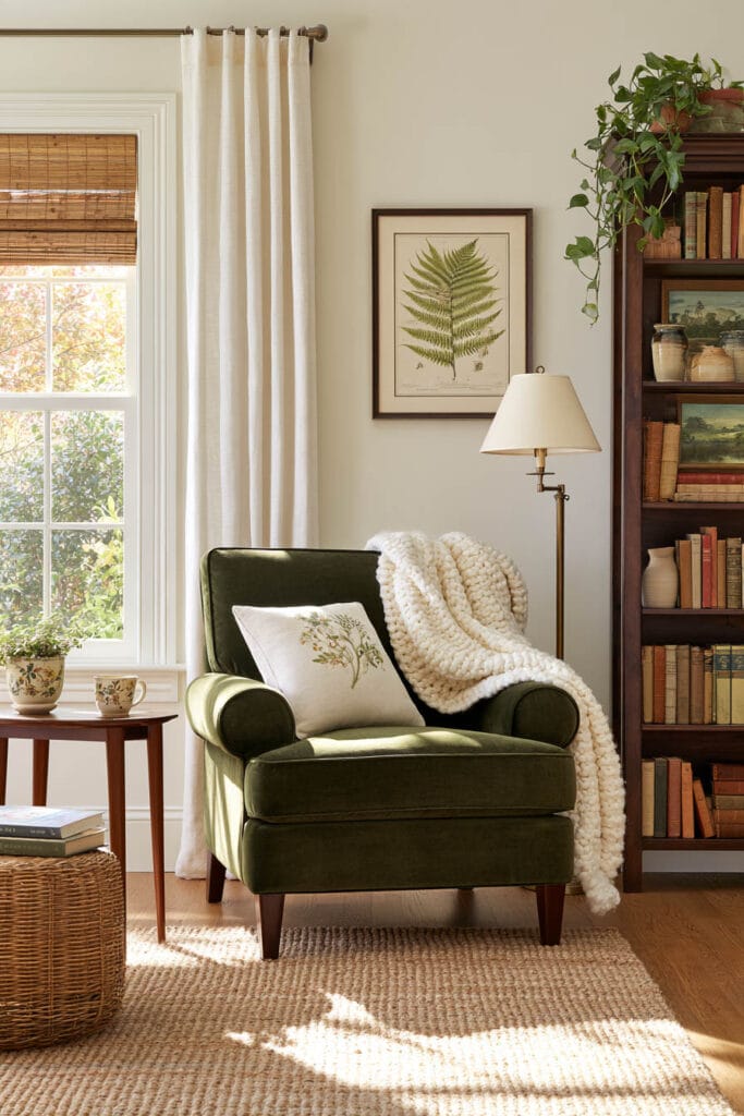 Cozy reading nook with an olive green velvet armchair, chunky cream knit blanket, botanical pillow, dark wood bookshelf, brass floor lamp, and sunny window.