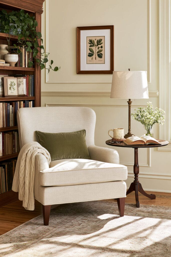 Cozy reading nook with a cream upholstered armchair, olive green pillow, wooden pedestal side table holding books and tea, tall bookshelf, botanical artwork, and natural sunlight.