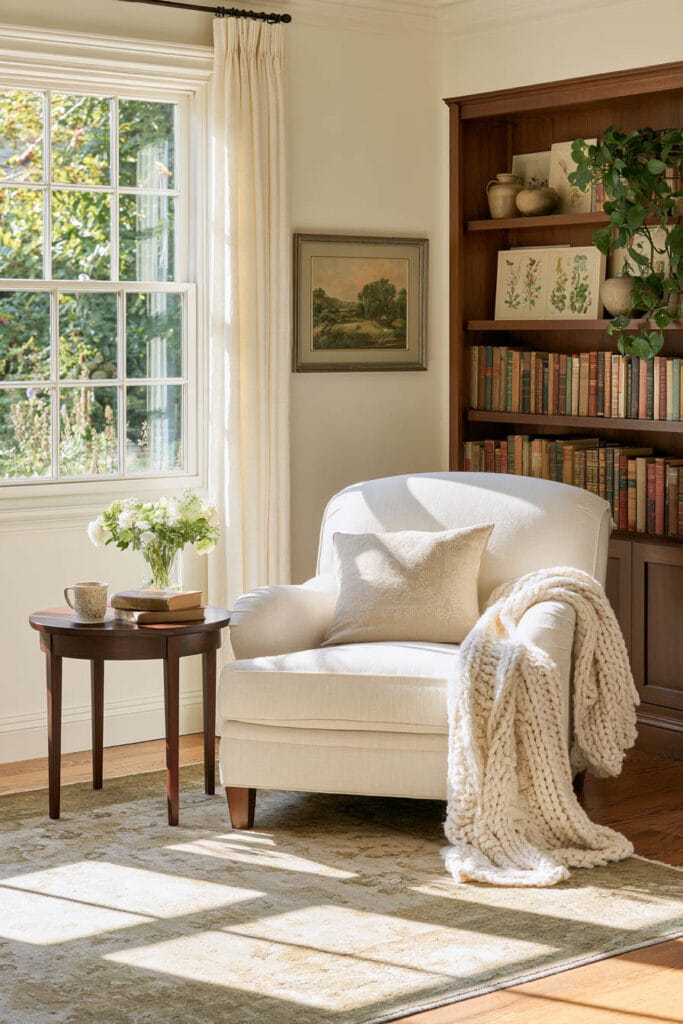 Cozy reading nook with a cream upholstered armchair, dark wooden side table holding books and flowers, chunky knit throw, tall bookshelf, and sunny window.