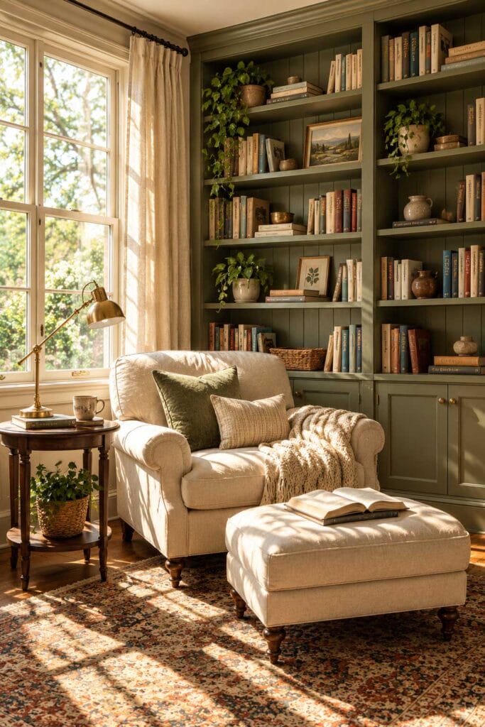 Cozy reading nook with sage green built-in bookshelves, cream armchair and matching ottoman, olive green pillow, brass reading lamp, and vintage patterned rug.