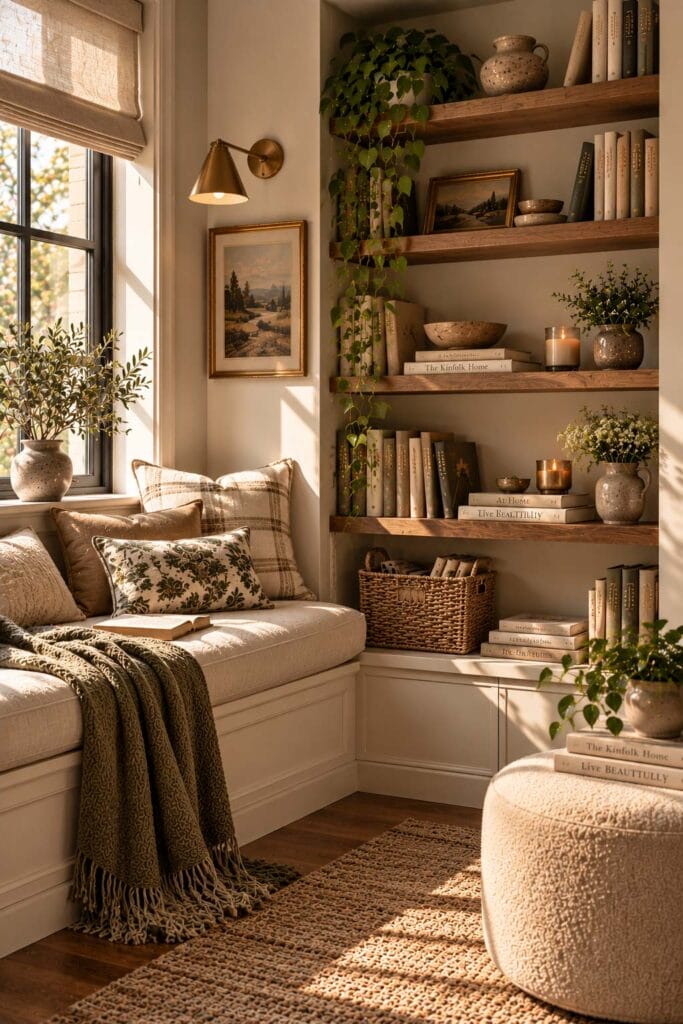 Cozy reading nook with a built-in window seat, cream cushions, plaid and botanical pillows, olive green throw, floating wooden bookshelves, pottery, plants, and natural sunlight.