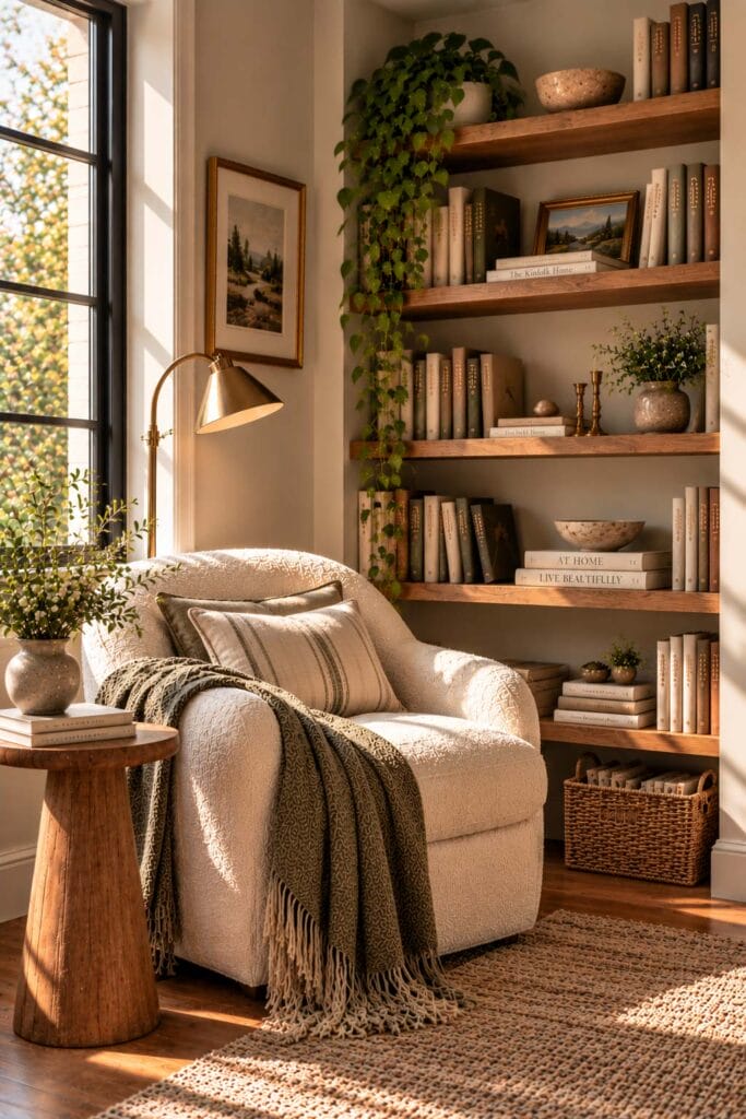 Cozy reading nook with a cream upholstered armchair, olive green patterned throw, floating wooden bookshelves, brass reading lamp, botanical greenery, and sunny window.