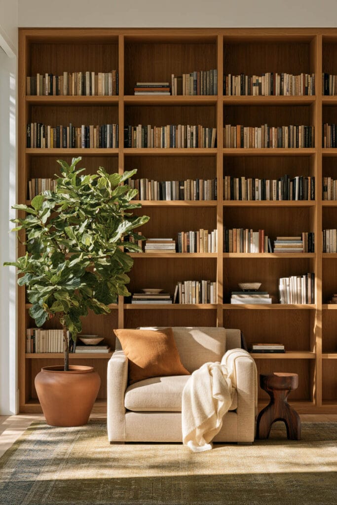 Cozy nature-inspired reading nook with a cream armchair, rust pillow, ivory throw, large fiddle-leaf fig tree in a terracotta planter, floor-to-ceiling wooden bookshelves, and natural sunlight.