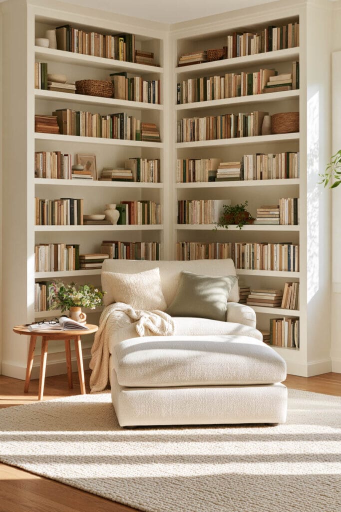 Cozy reading nook with floor-to-ceiling white corner bookshelves, oversized cream chaise lounge, sage green pillow, knit throw, textured rug, and wooden side table.