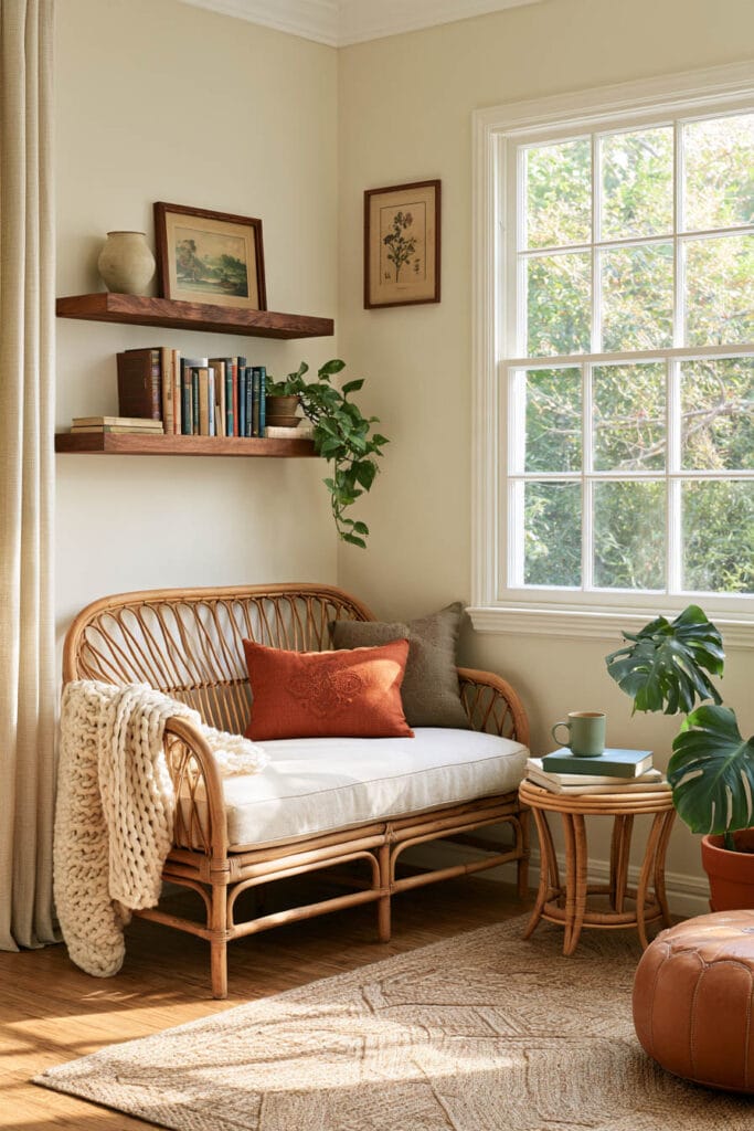 Cozy nature-inspired reading nook with a rattan loveseat, cream cushions, rust pillow, chunky knit throw, floating wooden bookshelves, monstera plant, and sunny window.