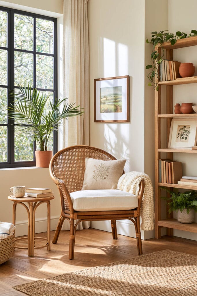 Cozy nature-inspired reading nook with a rattan cane armchair, cream cushion, botanical pillow, knit throw, wooden bookshelf, potted palm, and sunny black-framed window.