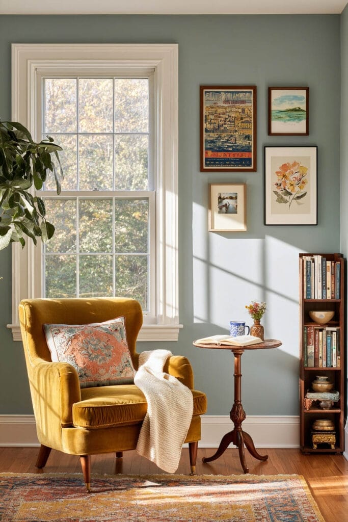 Cozy personalized reading nook with a mustard yellow velvet armchair, floral pillow, cream knit throw, eclectic gallery wall, wooden bookshelf, and vintage-style rug.
