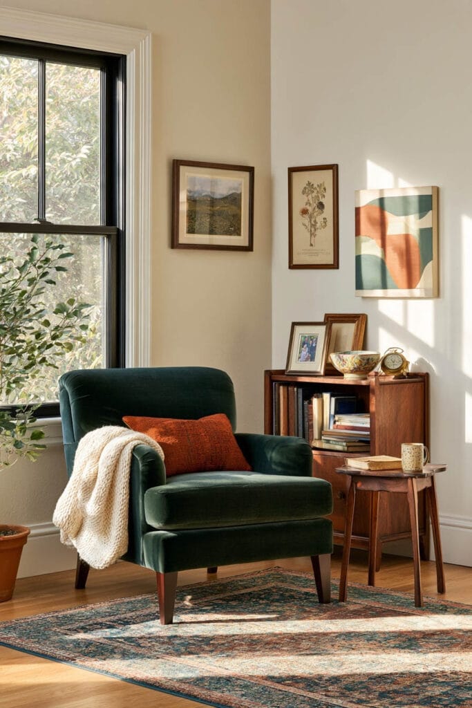 Cozy personalized reading nook with a forest green velvet armchair, rust pillow, cream knit throw, eclectic gallery wall, wooden bookshelf, and vintage patterned rug.