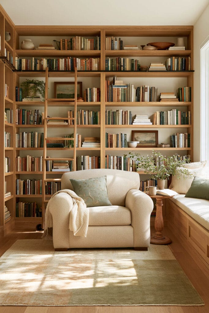 Cozy home library reading nook with floor-to-ceiling wooden bookshelves, rolling library ladder, cream armchair, built-in window seat, and warm natural sunlight.