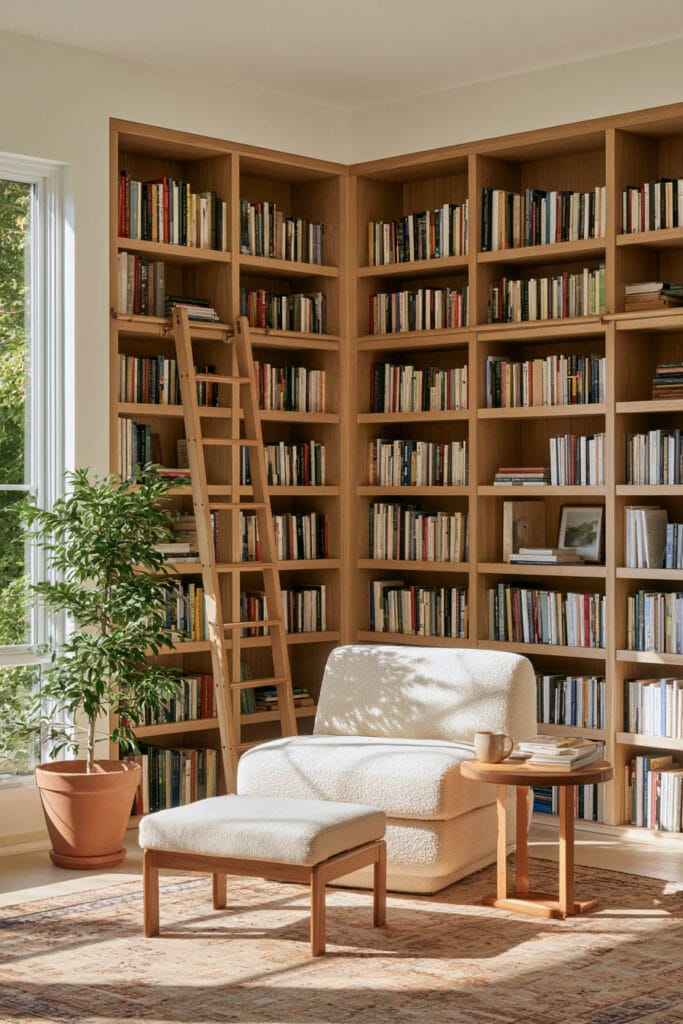 Cozy home library reading nook with floor-to-ceiling wooden bookshelves, rolling ladder, cream boucle lounge chair, matching ottoman, vintage rug, and sunny window.