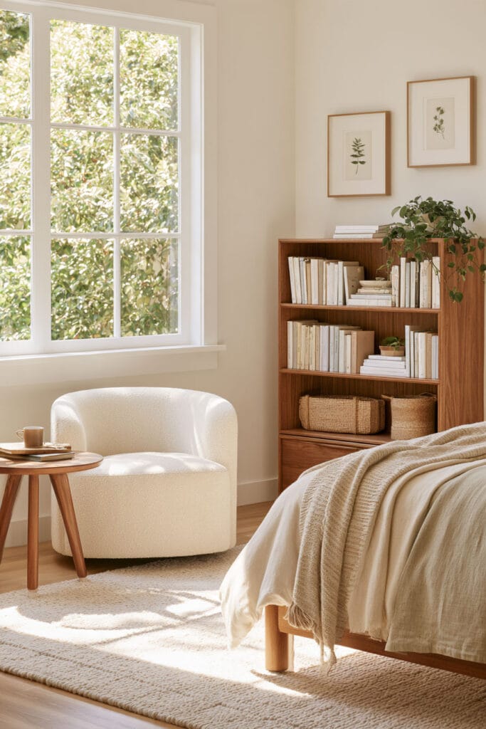 Cozy bedroom reading nook with a cream boucle chair beside a sunny window, wooden side table, walnut bookshelf, botanical wall art, and soft neutral bedding.