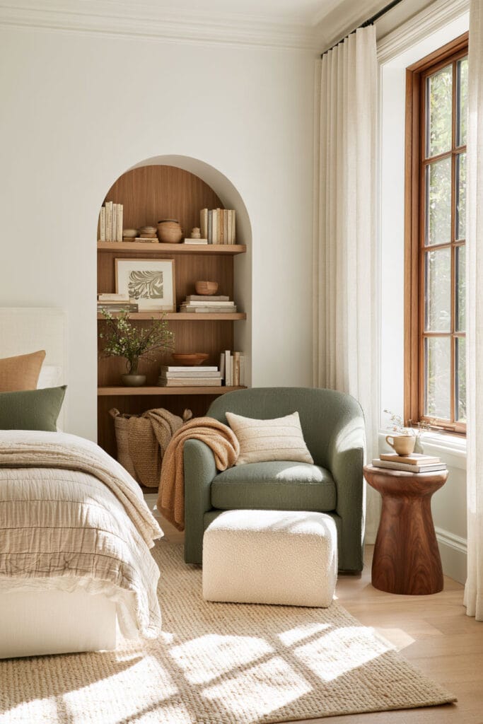 Cozy bedroom reading nook with a sage green armchair, cream boucle ottoman, arched built-in bookshelf, wooden side table, ivory curtains, and natural sunlight.